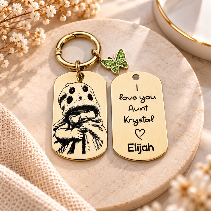 Personalised Photo Keychain Gold Silver – Custom Engraved Picture Keyring Stainless Steel Gift for Aunt or Uncle, Christmas Portrait Keepsake - KCD025