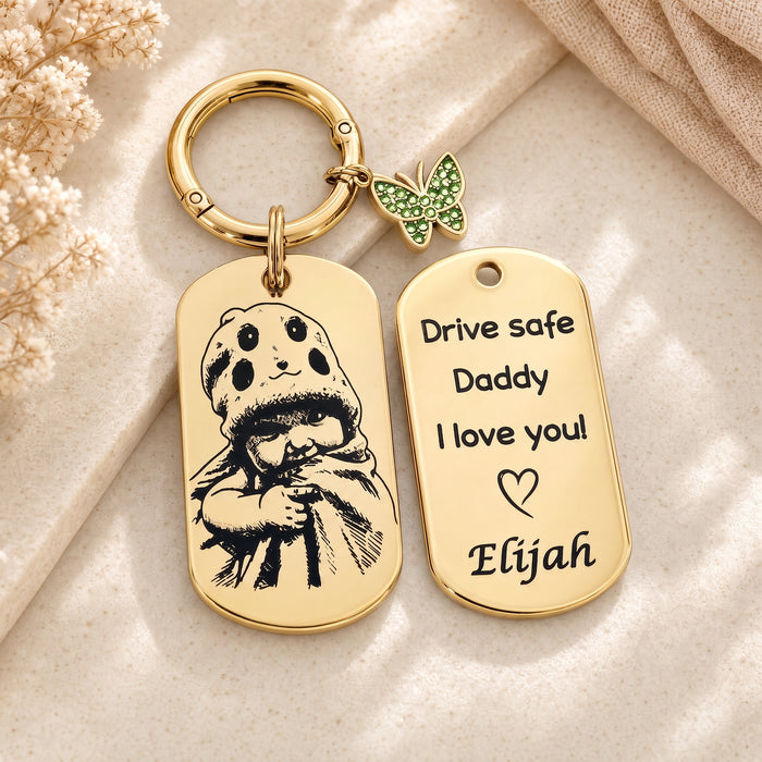 Personalized Drive Safe Dad Photo Keychain – Custom Engraved Gold Keepsake Gift - KCD028