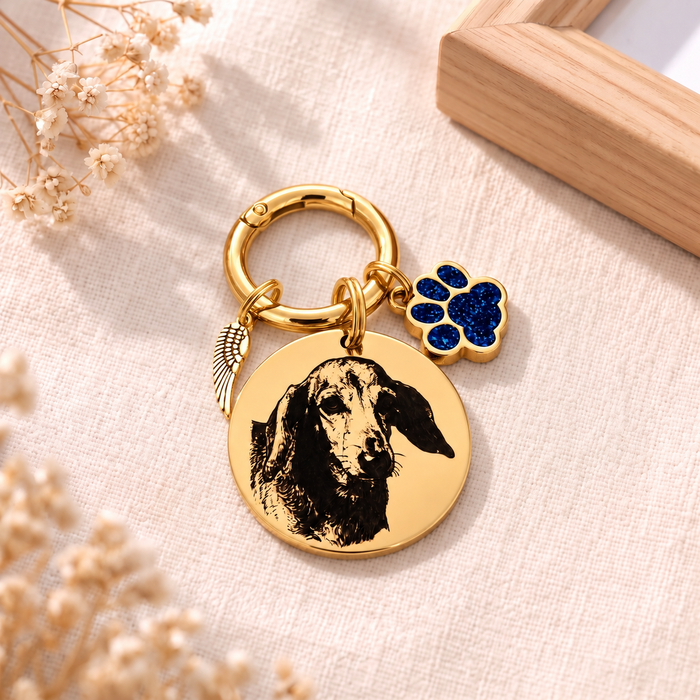 Pet Photo Memorial Keychain - Engraved Dog Cat  Portrait Keychain Stainless Steel - Silver Gold Rose Gold  Dog Remembrance Gift - KCD004