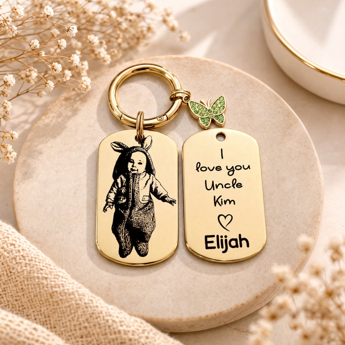 Custom Engraved Photo Keychain Gold Silver – Personalised Picture Keyring Gift for Aunt, Uncle Portrait Keepsake - KCD026