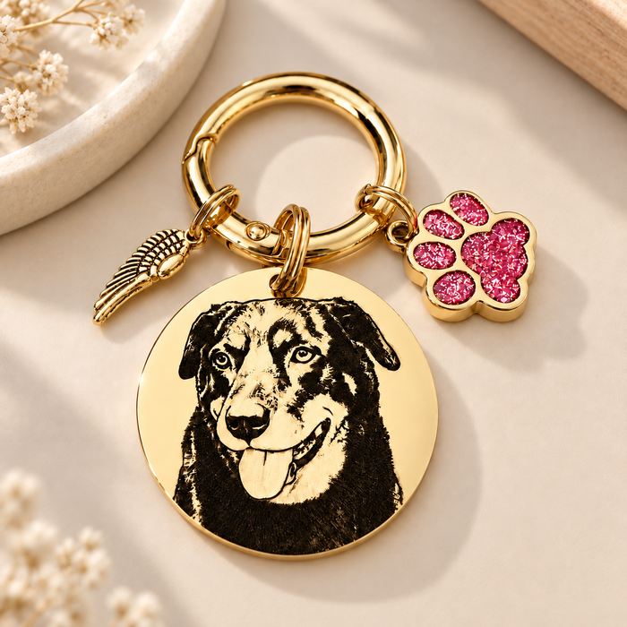 Personalized Egraved Pet Photo Keychain Stainless Steel - Dog Memorial Keyring  Silver Gold - Pet Loss Key chain - KCD002