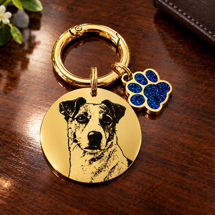 Personalised Pet Photo Engraved Keychain - Silver Gold Dog Cat Picture Keyring, Gift to Pet Lover / Owner, 10-Year Guarantee - KCD009