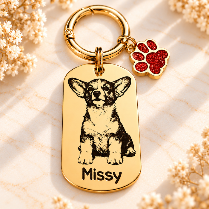 Personalised Pet Photo Keyring Engraved: Stainless Steel Dog Cat Portrait Key Chain Gold Silver, Dog Mum Keychain, Pet Keepsake Gift - KCD020