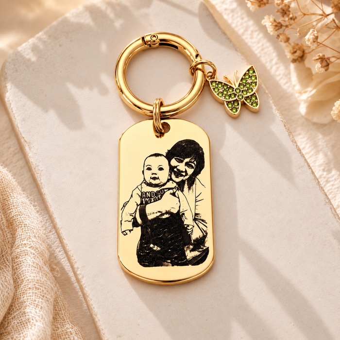 Personalised Photo Keychain Gold Silver, Custom Engraved Portrait Keyring Gift for Grandmother- KCD023