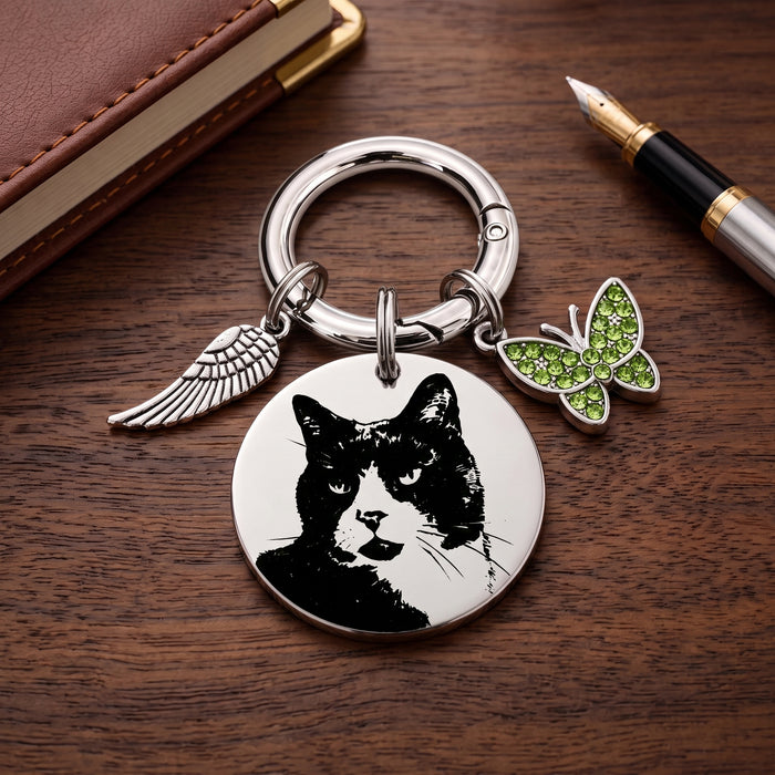 Engraved Pet Photo Keychain Personalized in Stainless Steel -  Pet Loss Memorial Gift - Cat Portrait Keyring - KCD005