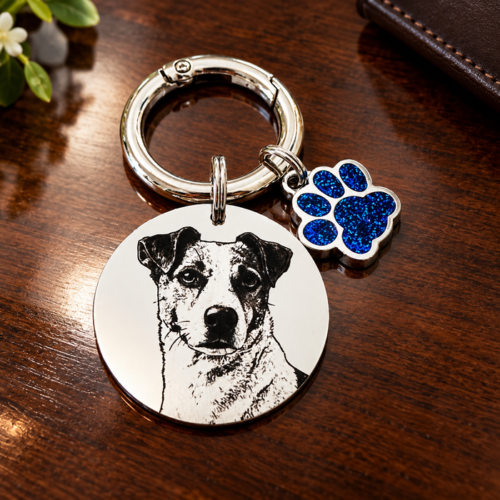 Personalised Pet Photo Engraved Keychain - Silver Gold Dog Cat Picture Keyring, Gift to Pet Lover / Owner, 10-Year Guarantee - KCD009