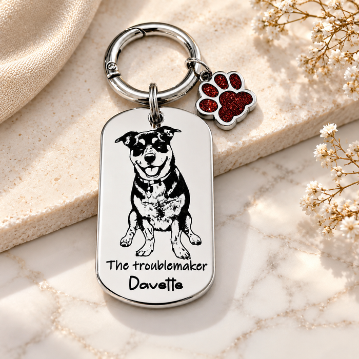 Engraved Real Dog Photo Keychain, Dog Dad Gift, Custom Dog Portrait Key Chain, Dog Mum Keyring, Funny Pet Key ring, Pet Memorial Gift - KCD017