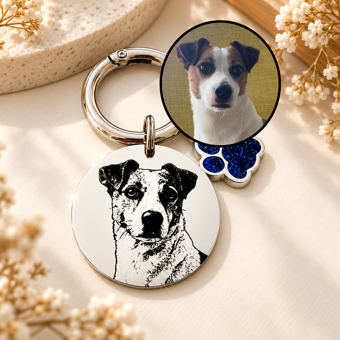Personalised Pet Photo Engraved Keychain - Silver Gold Dog Cat Picture Keyring, Gift to Pet Lover / Owner, 10-Year Guarantee - KCD009