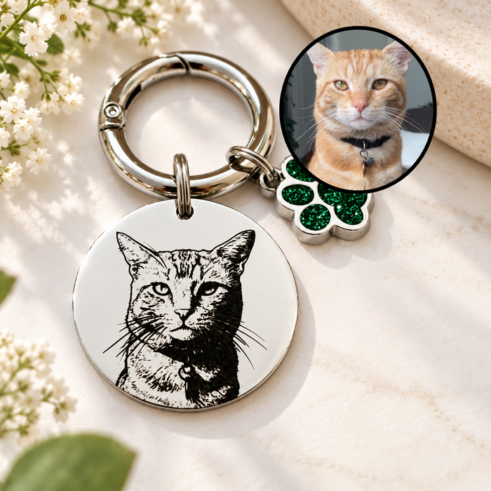 Engraved Real Pet Photo Keychain in Stainless Steel - Personalized Dog Cat Portrait Keyring - Gift to Dog Cat Mum and Dad - KCD008