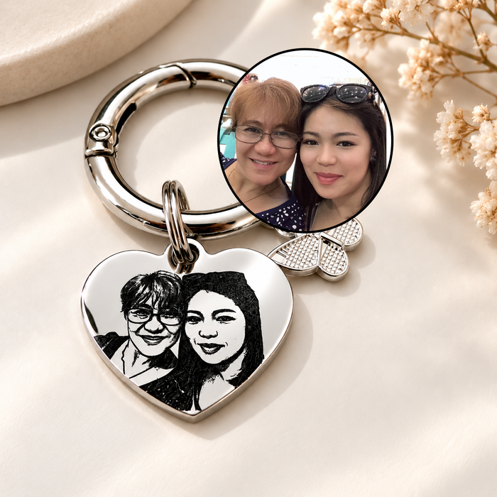 Engraved Real Photo Keychain in Stainless Steel - Mother and Daughter Keyring Personalized - Mum's Gift to Daughter - Mom's Gift - KCD015