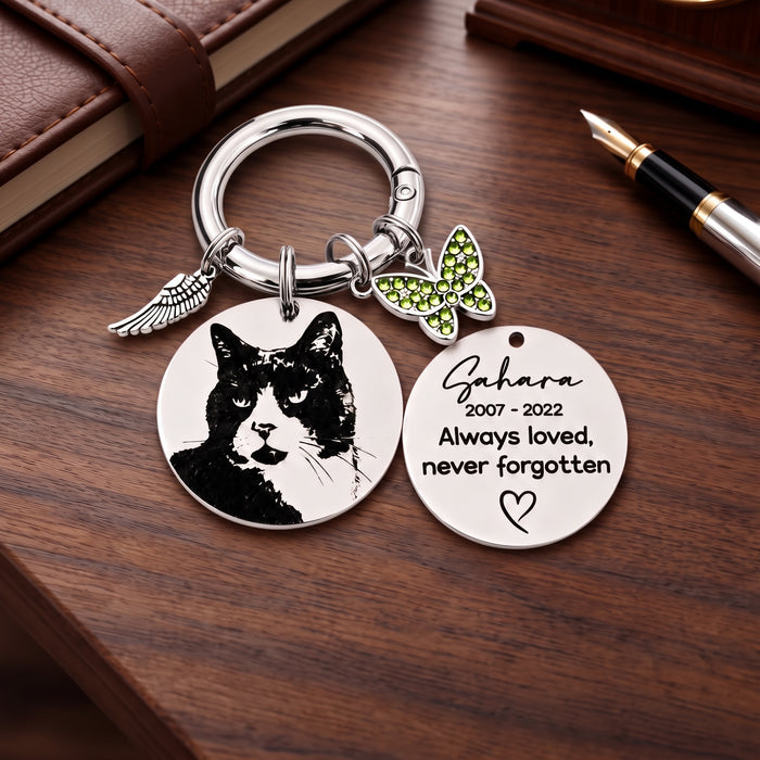 Engraved Pet Photo Keychain Personalized in Stainless Steel -  Pet Loss Memorial Gift - Cat Portrait Keyring - KCD005