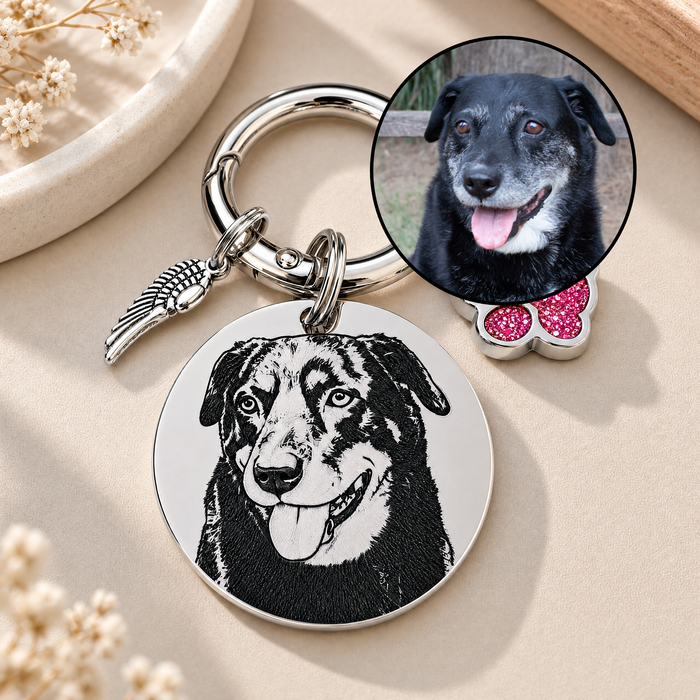 Personalized Egraved Pet Photo Keychain Stainless Steel - Dog Memorial Keyring  Silver Gold - Pet Loss Key chain - KCD002