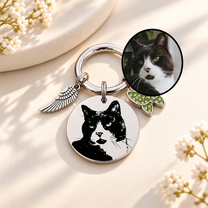 Engraved Pet Photo Keychain Personalized in Stainless Steel -  Pet Loss Memorial Gift - Cat Portrait Keyring - KCD005