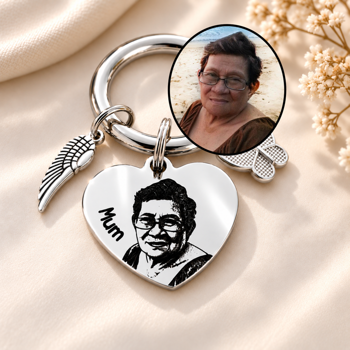 Personalised Memorial Gift Keyring, Engraved Real Photo in Stainless Steel Keychain Remembrance Key Chain, Grievance Gift, Heart Shaped - KCD016