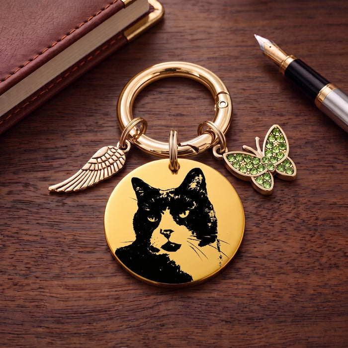 Engraved Pet Photo Keychain Personalized in Stainless Steel -  Pet Loss Memorial Gift - Cat Portrait Keyring - KCD005