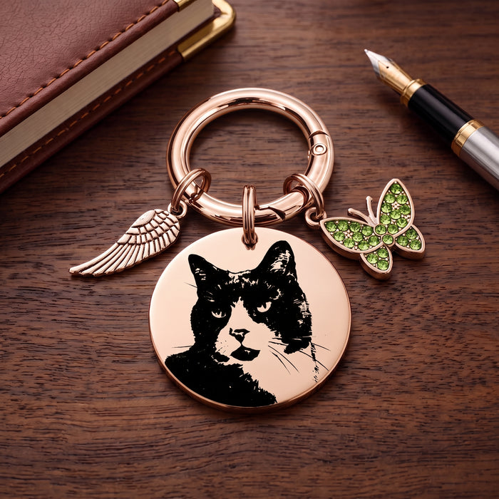 Engraved Pet Photo Keychain Personalized in Stainless Steel -  Pet Loss Memorial Gift - Cat Portrait Keyring - KCD005