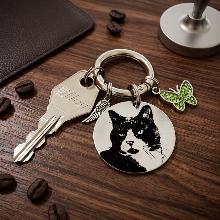 Engraved Pet Photo Keychain Personalized in Stainless Steel -  Pet Loss Memorial Gift - Cat Portrait Keyring - KCD005