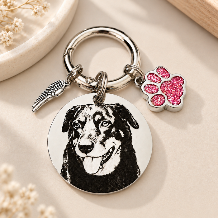 Personalized Egraved Pet Photo Keychain Stainless Steel - Dog Memorial Keyring  Silver Gold - Pet Loss Key chain - KCD002