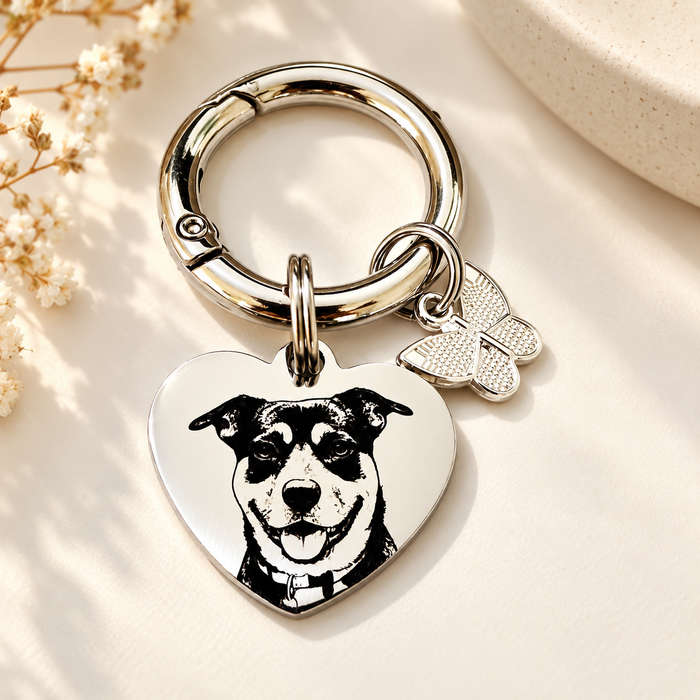 Engraved Pet Portrait Keychain Stainless Steel - Personalised Real Dog Cat Portrait Keyring - Pet, Dog Pet Gifts - KCD013
