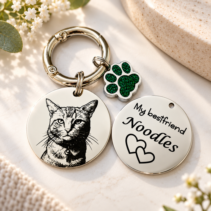 Engraved Real Pet Photo Keychain in Stainless Steel - Personalized Dog Cat Portrait Keyring - Gift to Dog Cat Mum and Dad - KCD008