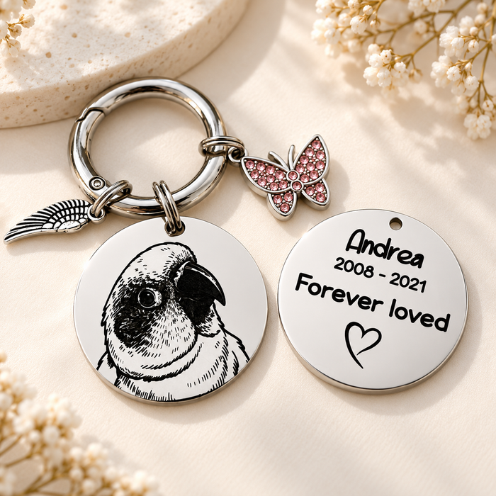 Actual Pet Photo Memorial Keyring - Engraved Dog Remembrance Gift Silver Gold - KCD007