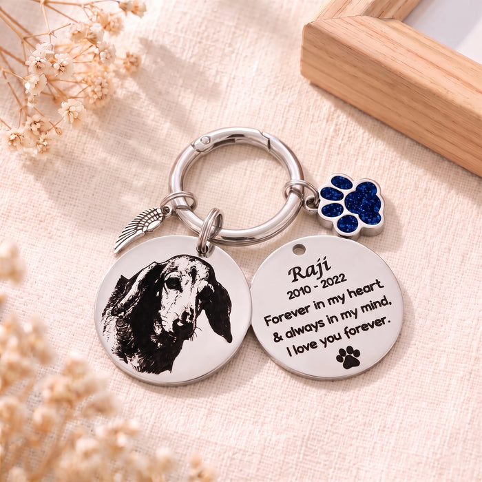 Pet Photo Memorial Keychain - Engraved Dog Cat  Portrait Keychain Stainless Steel - Silver Gold Rose Gold  Dog Remembrance Gift - KCD004
