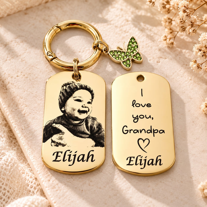 Custom Engraved Photo Keychain Gold Silver – Personalised Portrait Keyring Gift for Grandparents, Gift for Mum - KCD024