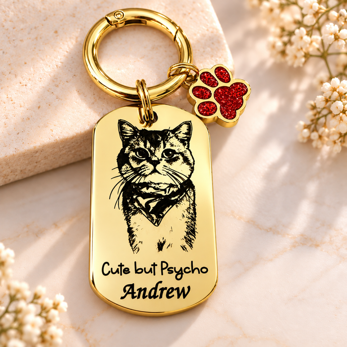 Pet Photo Keychain Personalized: Engraved Stainless Steel Cat Dog Portrait Key Chain Silver Gold, Pet Remembrance Gift - KCD019