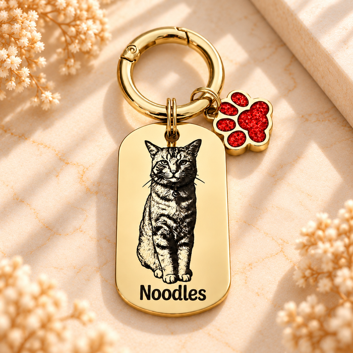 Personalised Cat Photo Keyring Engraved: Stainless Steel Gold Silver, Gift for Cat Owner, Cat Portrait Key Chain, Cat Mum Keychain, Funny Cat Key Ring, Pet Keepsake Gift - KCD021