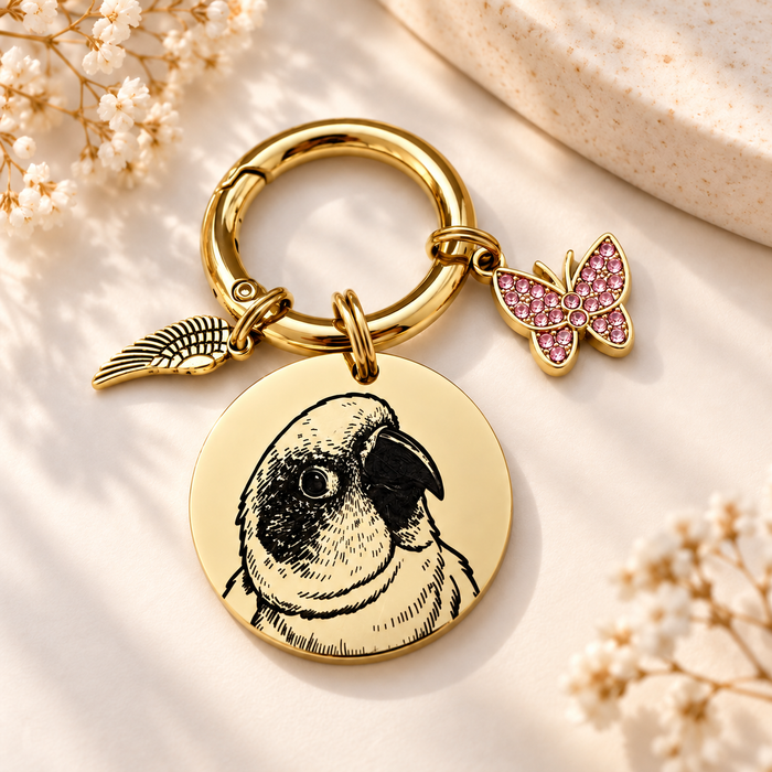 Actual Pet Photo Memorial Keyring - Engraved Dog Remembrance Gift Silver Gold - KCD007
