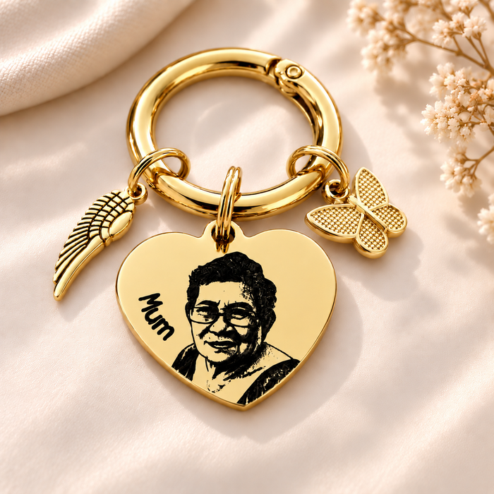 Personalised Memorial Gift Keyring, Engraved Real Photo in Stainless Steel Keychain Remembrance Key Chain, Grievance Gift, Heart Shaped - KCD016