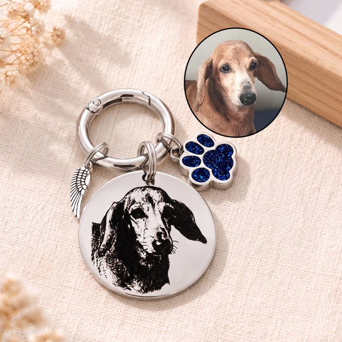 Pet Photo Memorial Keychain - Engraved Dog Cat  Portrait Keychain Stainless Steel - Silver Gold Rose Gold  Dog Remembrance Gift - KCD004