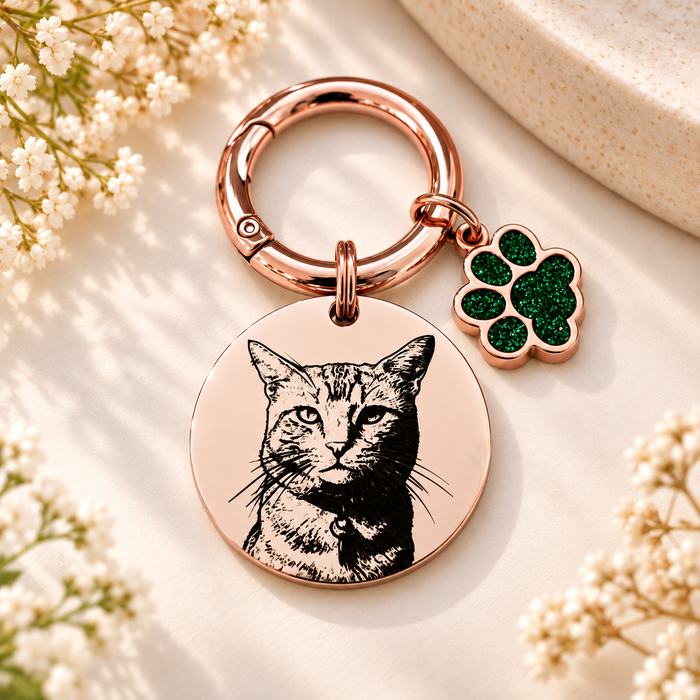 Engraved Real Pet Photo Keychain in Stainless Steel - Personalized Dog Cat Portrait Keyring - Gift to Dog Cat Mum and Dad - KCD008