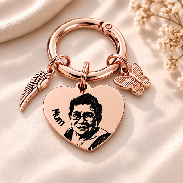Personalised Memorial Gift Keyring, Engraved Real Photo in Stainless Steel Keychain Remembrance Key Chain, Grievance Gift, Heart Shaped - KCD016