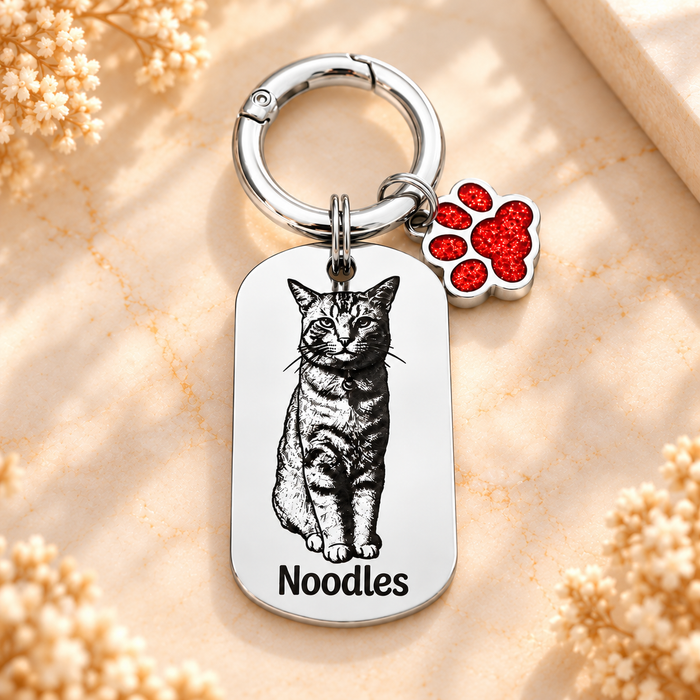 Personalised Cat Photo Keyring Engraved: Stainless Steel Gold Silver, Gift for Cat Owner, Cat Portrait Key Chain, Cat Mum Keychain, Funny Cat Key Ring, Pet Keepsake Gift - KCD021