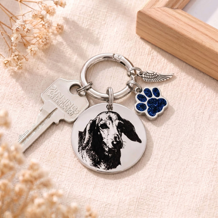 Pet Photo Memorial Keychain - Engraved Dog Cat  Portrait Keychain Stainless Steel - Silver Gold Rose Gold  Dog Remembrance Gift - KCD004