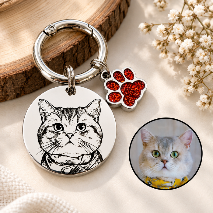 Personalized Pet Photo Keychain – Deep Engraved Stainless Steel Cat & Dog Portrait Keyring, Custom Pet Memorial Gift - KCD011