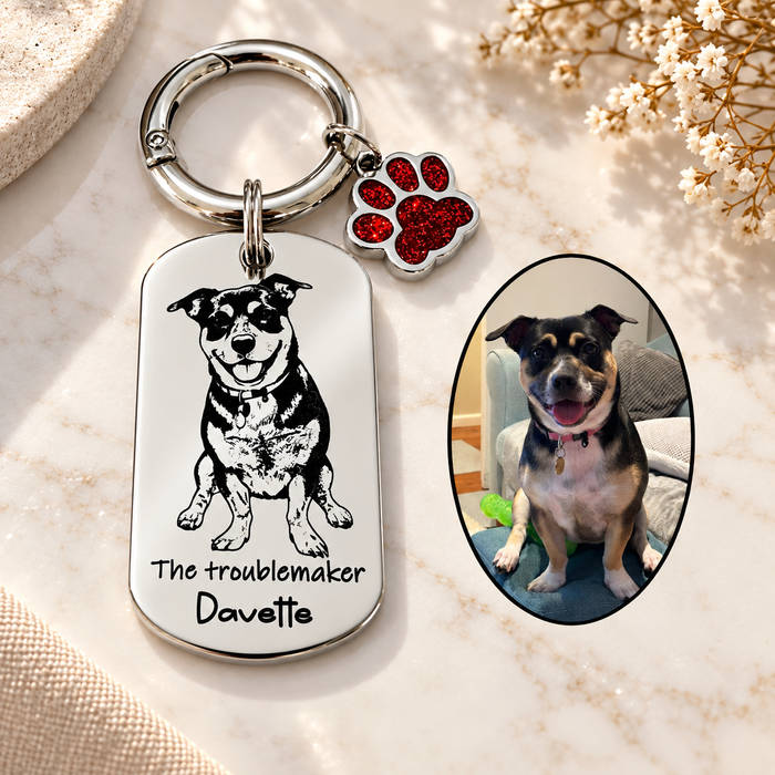 Engraved Real Dog Photo Keychain, Dog Dad Gift, Custom Dog Portrait Key Chain, Dog Mum Keyring, Funny Pet Key ring, Pet Memorial Gift - KCD017
