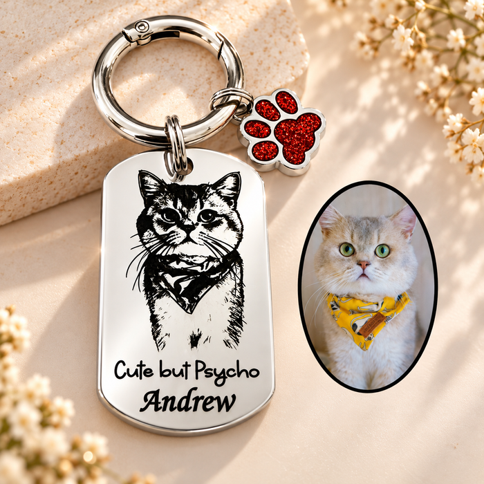 Pet Photo Keychain Personalized: Engraved Stainless Steel Cat Dog Portrait Key Chain Silver Gold, Pet Remembrance Gift - KCD019