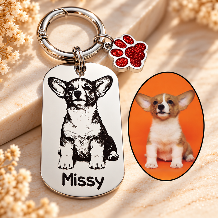 Personalised Pet Photo Keyring Engraved: Stainless Steel Dog Cat Portrait Key Chain Gold Silver, Dog Mum Keychain, Pet Keepsake Gift - KCD020