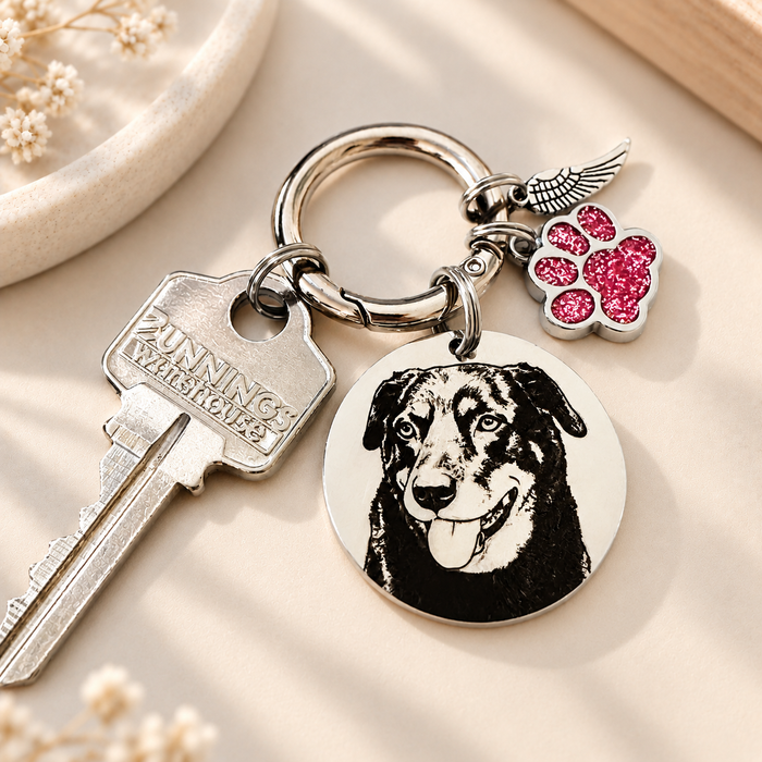 Personalized Egraved Pet Photo Keychain Stainless Steel - Dog Memorial Keyring  Silver Gold - Pet Loss Key chain - KCD002