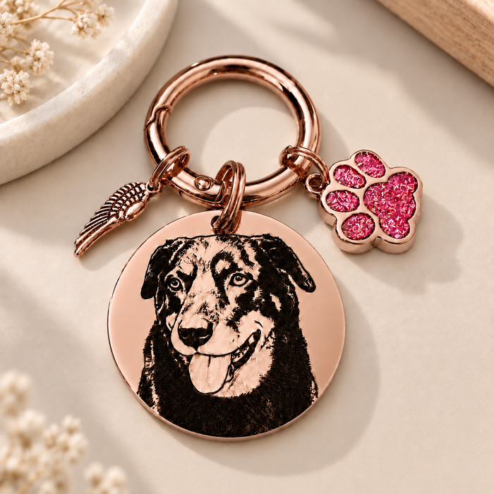 Personalized Egraved Pet Photo Keychain Stainless Steel - Dog Memorial Keyring  Silver Gold - Pet Loss Key chain - KCD002