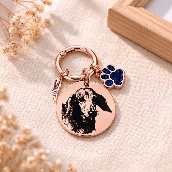 Pet Photo Memorial Keychain - Engraved Dog Cat  Portrait Keychain Stainless Steel - Silver Gold Rose Gold  Dog Remembrance Gift - KCD004