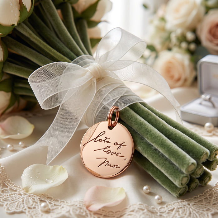 Real Handwriting Bouquet Charm Engraved Two Sided, Personalized Bouquet Charm, Wedding Memorial Bouquet Charm, Wedding Keepsake Bridal Gift - BC06