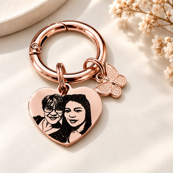 Engraved Real Photo Keychain in Stainless Steel - Mother and Daughter Keyring Personalized - Mum's Gift to Daughter - Mom's Gift - KCD015