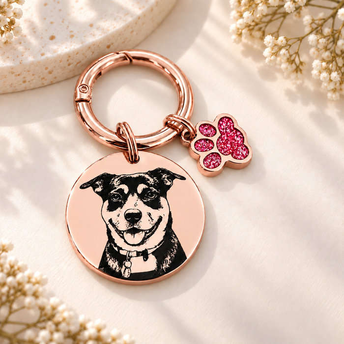 Personalised Pet Portrait Keychain Stainless Steel Engraved - Gift to Dog & Cat Owners, Mum and Dad - Memorial Keyring - KCD010