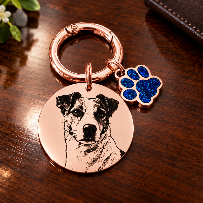 Personalised Pet Photo Engraved Keychain - Silver Gold Dog Cat Picture Keyring, Gift to Pet Lover / Owner, 10-Year Guarantee - KCD009