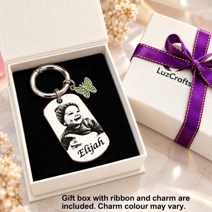 Custom Engraved Photo Keychain Gold Silver – Personalised Portrait Keyring Gift for Grandparents, Gift for Mum - KCD024