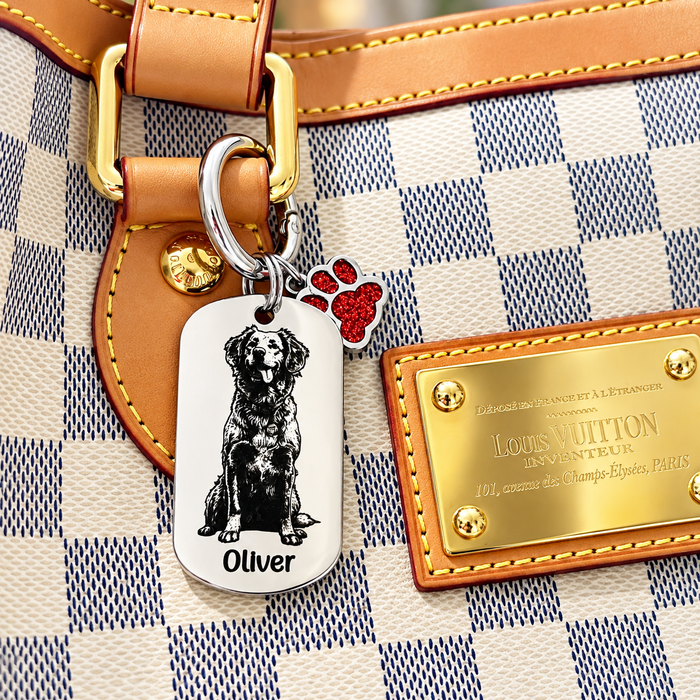 Personalised Pet Portrait Keychain Engraved: Stainless Steel Dog Picture Keyring, Silver Gold Furry Mum Dad Key Chain- KCD022