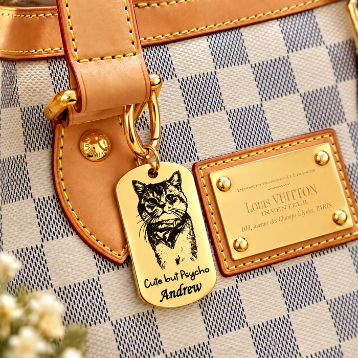 Pet Photo Keychain Personalized: Engraved Stainless Steel Cat Dog Portrait Key Chain Silver Gold, Pet Remembrance Gift - KCD019